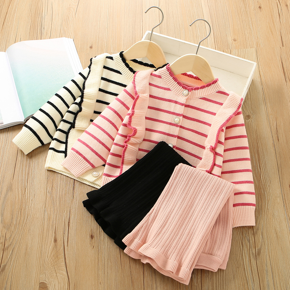 Girls' Sweater S 2023 Winter New Korean Edition Western Style Girl Stripe Wooden Ear Edge Children's Pants Two Piece_voghion.com