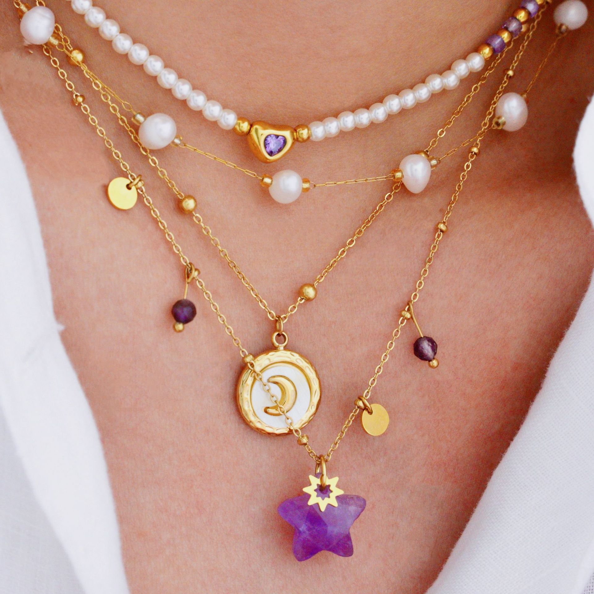 Vacuum Plating Gold Plating Process Basic Simple Style Geometric Star Moon Natural Stone Titanium Steel Necklace In Bulk
