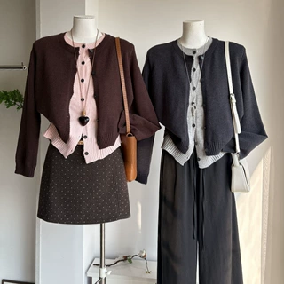 [比正]2026秋冬新款韩系假两件撞色针织开衫女圆领拼接毛衣7952