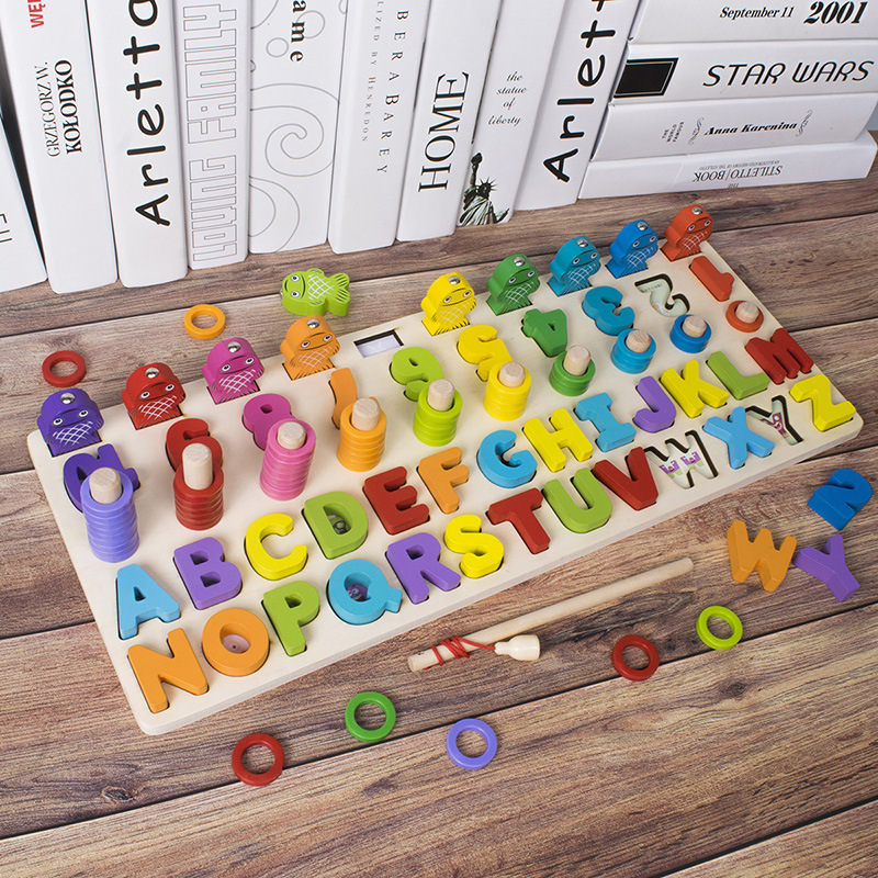 Niños de madera multifuncional 5 en 1 tablero logarítmico inglés alfabeto digital de color cognitivo pescar ayuda educativa