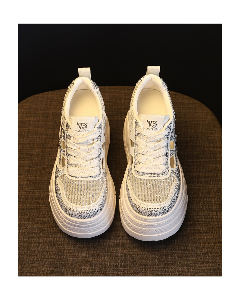 Giày sneaker nữ đế dày tăng chiều cao, phối đá rhinestone, lưới thoáng khí — màu trắng chi tiết 19