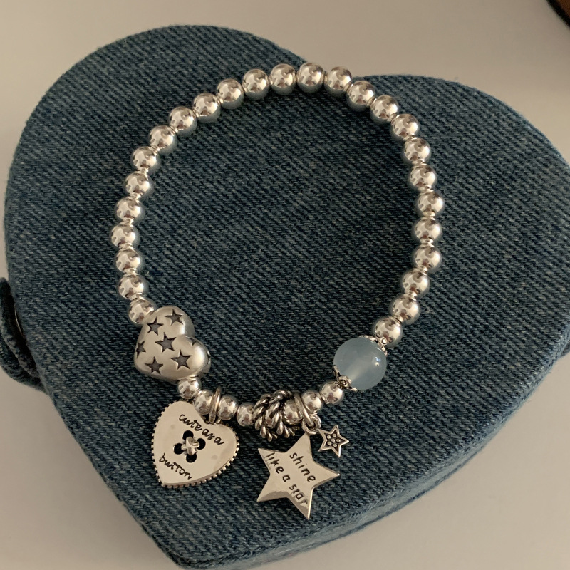 Korean-style S925 Sterling Silver Vintage Beaded Love Star Bracelet Women's Fashion Light Luxury Niche High-end Style Heavy Industry Bracelet