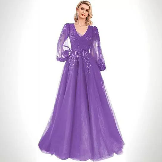 2026 New Cross-Border Summer Evening Dress, High-End A-Line V-Neck Sequin Appliqué Long-Sleeve Gown for Prom and Hosting
