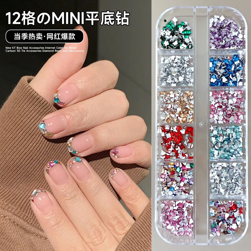 12-Compartment Box of Mini Resin Nail Art Rhinestones, Mixed Colorful Acrylic Flat-Bottomed Irregular-Shaped Rhinestones for Nail Art Decoration