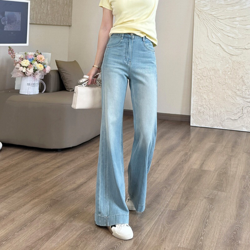 Light Blue Flared Pants with Slits [2 Lengths] Double Side Seams Slim Fit Breathable Jeans for Spring and Summer