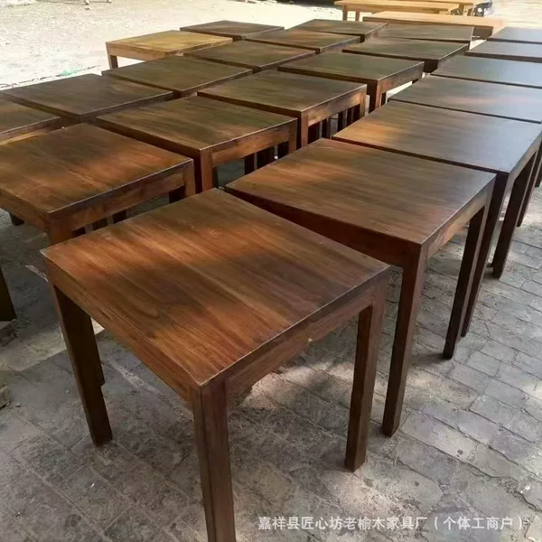 Old Elm Wood Dining Table, Solid Wood Milk Tea Table, Natural Wood Square Eight Immortals Table, Suitable for Cafes, Noodle Shops, Taverns, Tea Houses, and Dining Tables