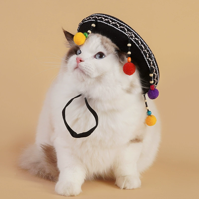 Ji Zai Pet Cat Cat Национальный ветер Шляпа Пуховые шарики Украшения Собака Мексиканская Ветер Вечеринка на открытом воздухе Фотосъемка