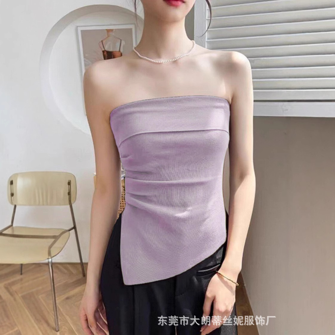 夏季新款性感辣妹夜店风一字领露锁骨褶皱不规则下摆紧身抹胸上衣