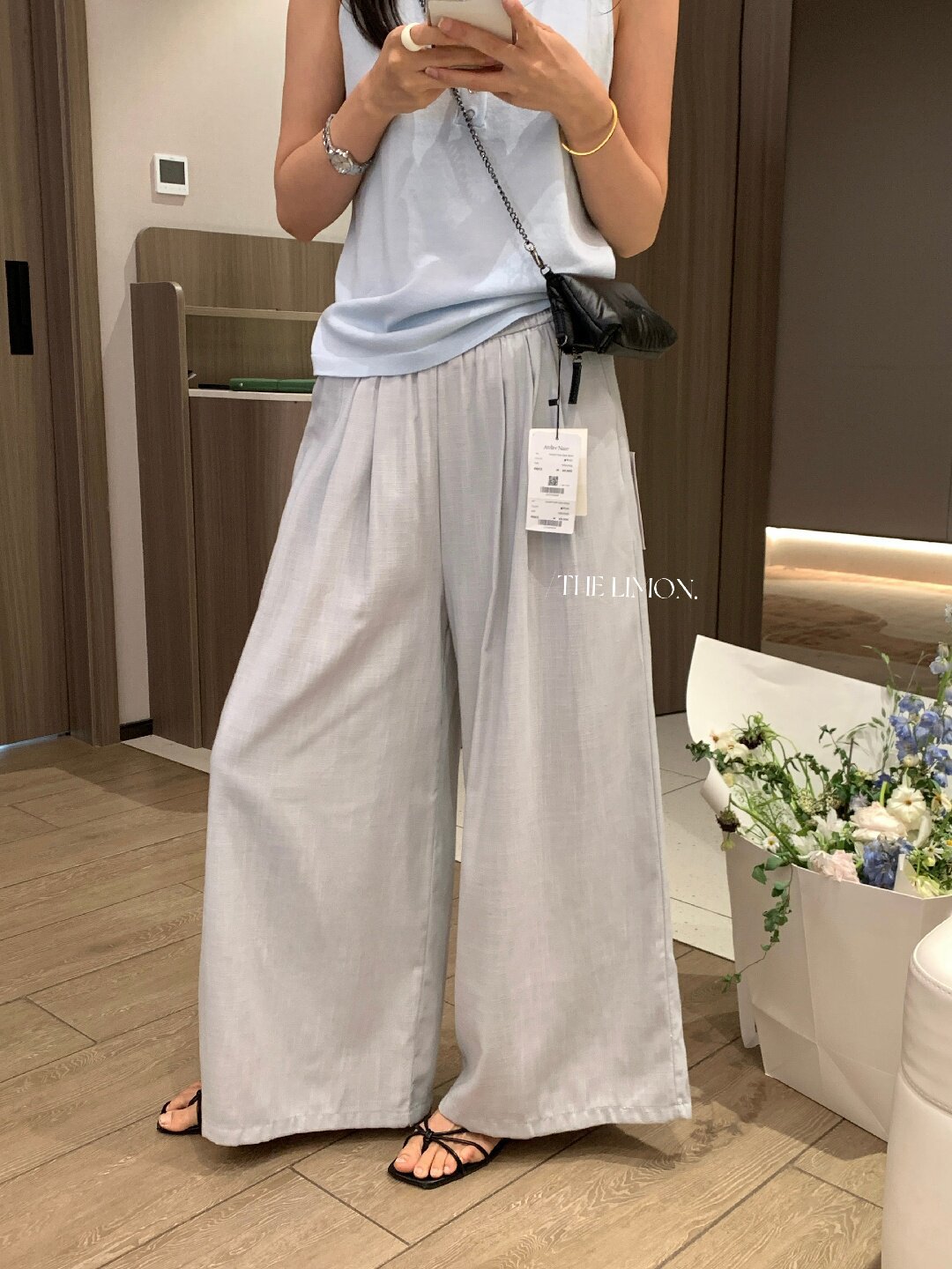 Quần ống rộng nữ vải linen phối cotton dáng suông mùa hè — Xám gạo, Xanh xám nhạt, Xanh đen, Cam bí ngô chi tiết 34