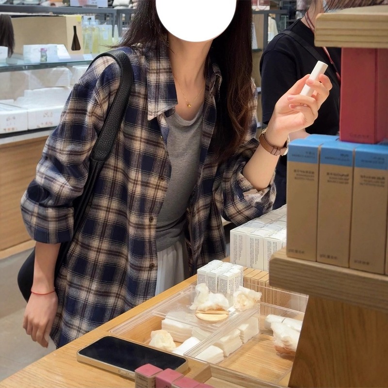 藏青色复古格子衬衫韩版宽松大版显瘦格子衬衫复古百搭中长款衬衣|undefined