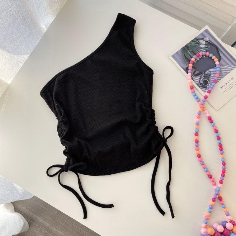 Girls' Summer Vest Baby Fashion Children's Personality Trendy Korean Style Fashionable Internet Celebrity Drawstring Irregular Shoulder 