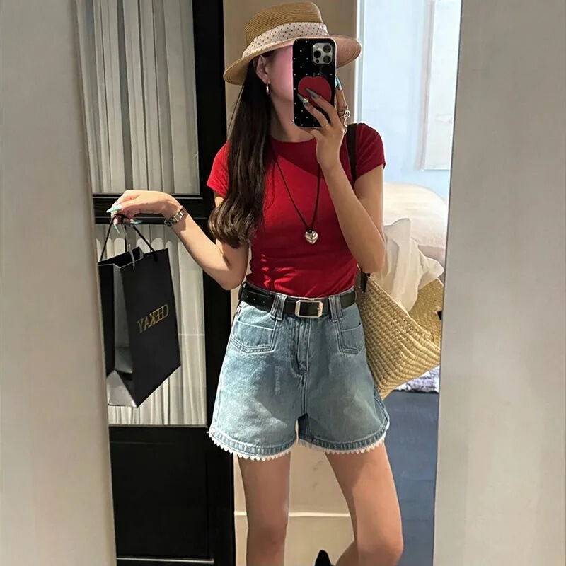 Lace High-Waisted Denim Shorts for Women Summer New Large Size Pear-Shaped Body Loose Slimming Look Wide-Leg A-Line Pants