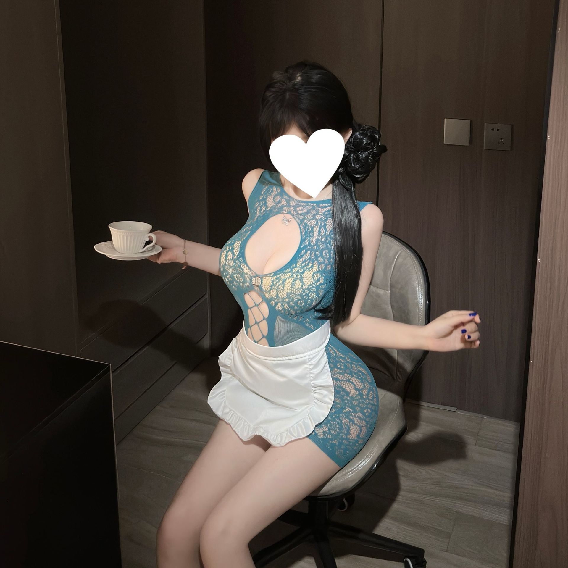 Fishnet Open-Crotch Maid Lingerie Set with Apron, Blindfold and Tearable One-Piece Design — detail image 3