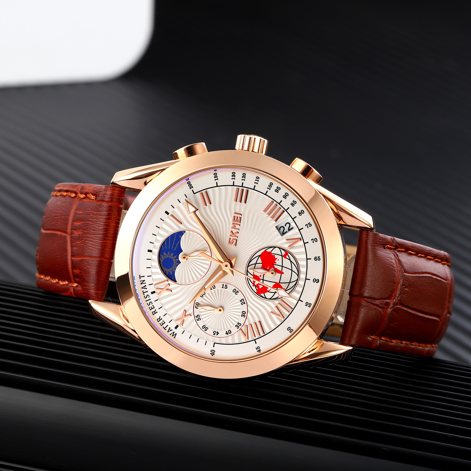 Momento de belleza hombre reloj de cuarzo de negocios fase lunar patrón de tierra multifuncional reloj impermeable transfronterizo venta caliente correa reloj de hombre