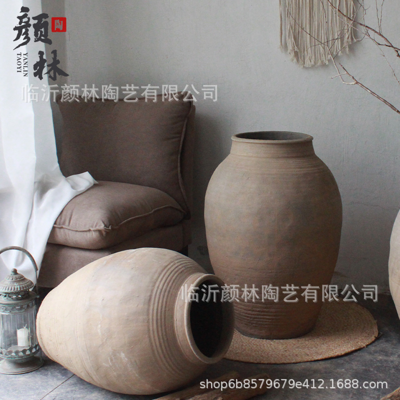 Folk Decorative Pottery Bottle Large Pot Floor Vase Coarse Pottery Pot Large Soil Bottle Soil Pottery Clay Pot Crock Pottery Pot with Dry Branch