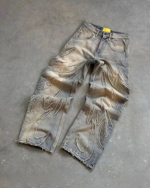 アメリカンオーブのレトロなコウモリの模様の刺繍のゆったりしたジーパンの男性の街頭のy2kズボンのだらだらしているジーパン|undefined