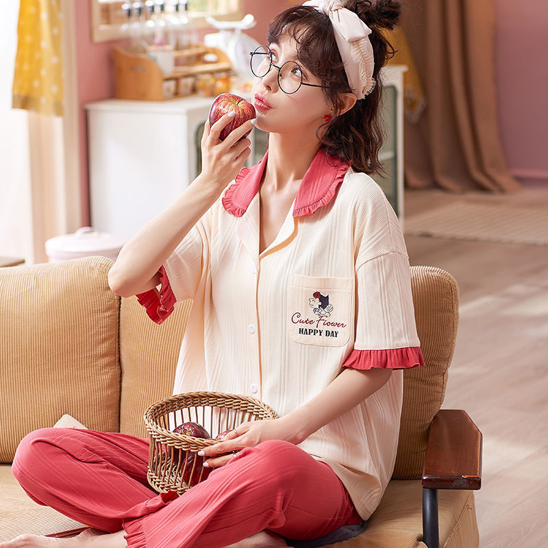 Pijamas de mujer de verano 100% algodón de manga corta pantalones de dos piezas conjunto de ropa de casa de las mujeres de primavera y otoño suelto se puede usar fuera