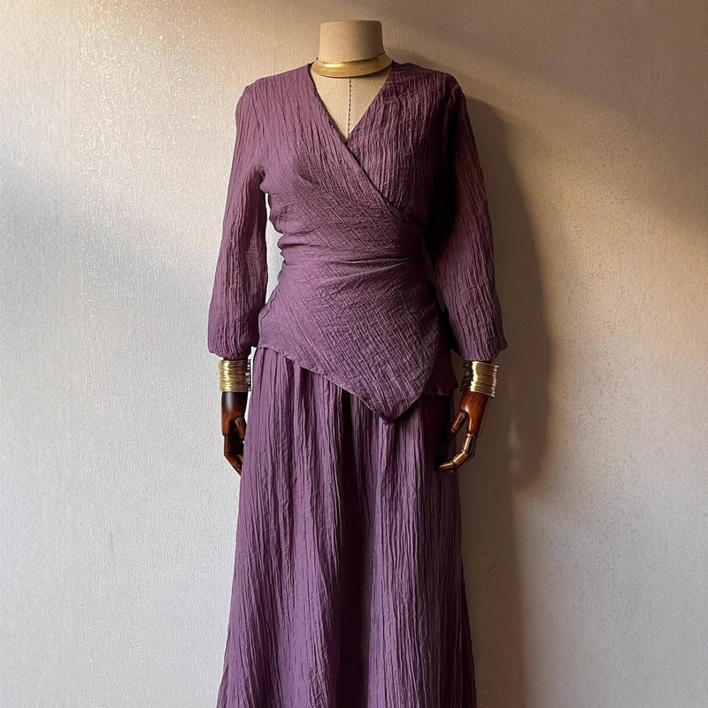 European and American Cross-Border Women's 2025 Autum New Fashion Elegant Wrinkled Lace-Up Slim Shirt and Skirt Two-Piece Suit