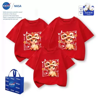 NASA卡通小马拜年服国潮马年衣服2026春秋款亲子装红色短袖上衣
