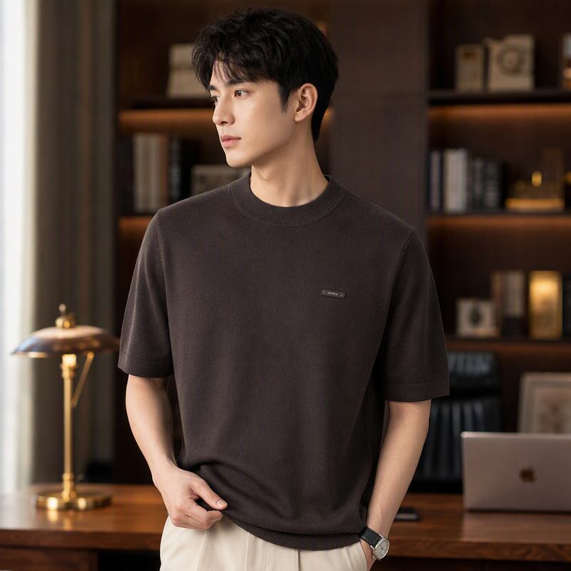 Fine-spun wool short-sleeve knit sweater for men, autumn and winter round-neck casual men's base layer wool shirt top
