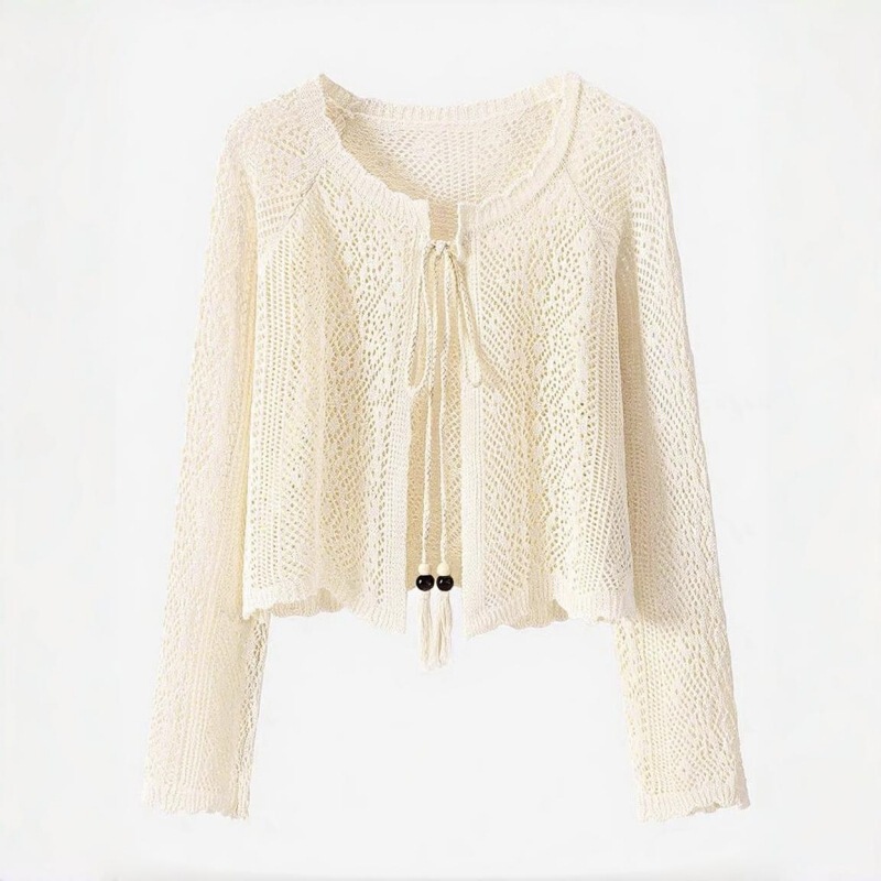 2025 New Summer Loose Knitted Knitwear for Women, Sweet and Gentle Style, Cut Out Lace-Up Short Long-Sleeved Top