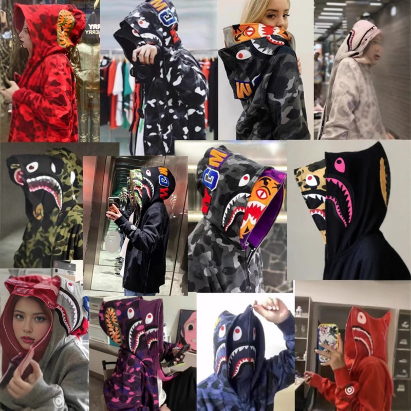 Ape Man Ape Shark Tiger Head Embroidery Camouflage Double Hooded Sweatshirt Men's Loose Cardigan Zipper Hooded Jacket Luminous