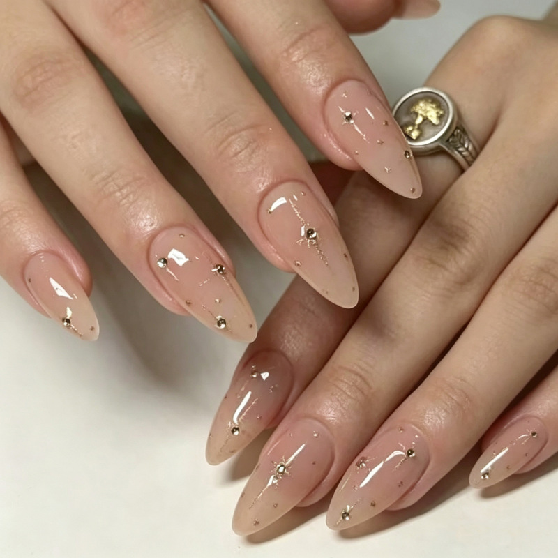 Nude starlight glitter diamond handmade press-on nails, cross-border almond-shaped daily nail patches, detachable manicure nails for commuting Nude starlight glitter diamond handmade press-on nails, cross-border almond-shaped daily nail patches, detachable manicure nails for commuting