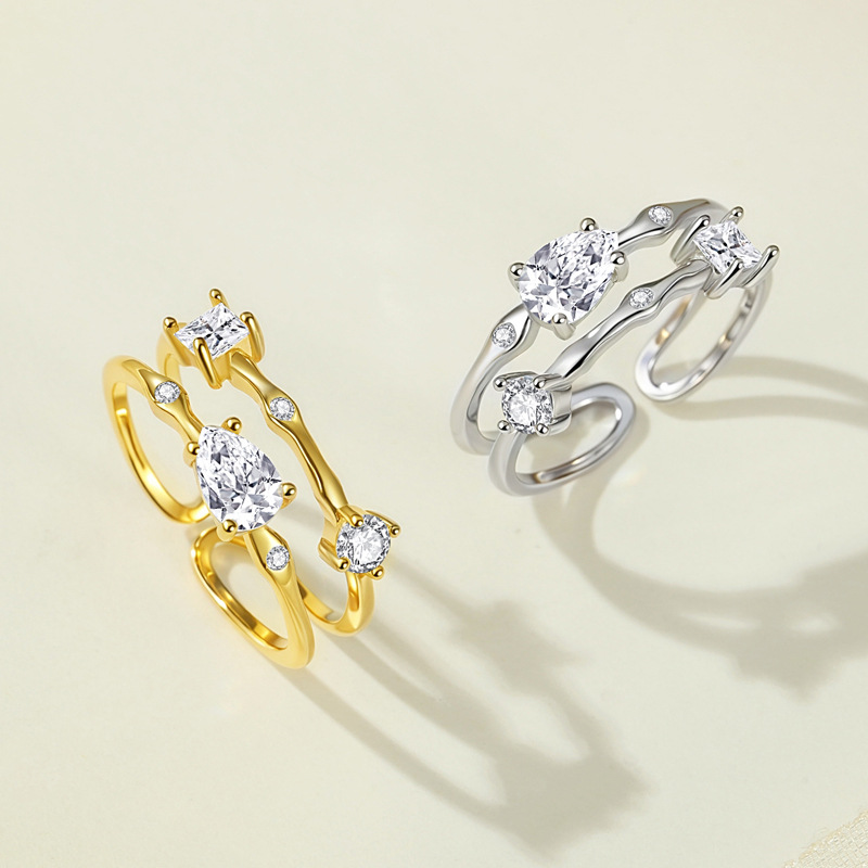 925 plata versión coreana del anillo femenino diseño de nicho gota de agua viento simple luz lujo doble línea de anillo fabricante más vendido