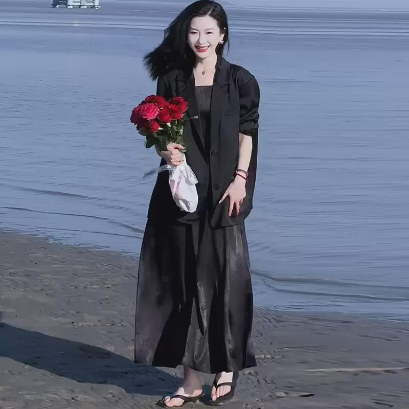 Black Silk Satin Lightweight Suit Jacket Women's Spring and Summer Loose Casual Rear Split Sunscreen Suit