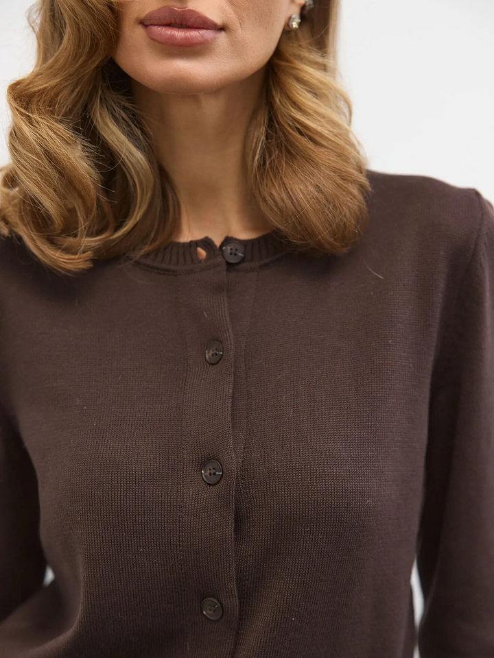 Bộ đôi áo len dệt kim cổ tròn tay dài và quần ống rộng cạp cao dây rút phong cách casual — Màu cà phê, Màu trắng, Màu xanh dương chi tiết 15