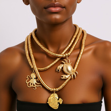 时尚波西米亚多层手工金属珠章鱼螃蟹鱼吊坠项链夸张海洋瀑布项饰