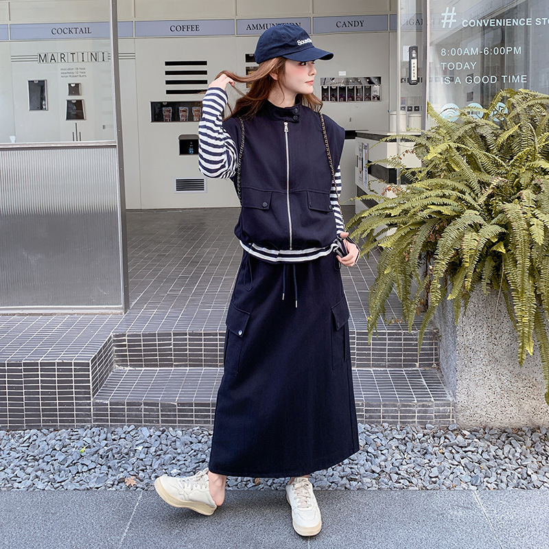 藏青色又酷又飒的穿搭套装女2025秋季新款休闲工装马甲裙子三件套|undefined
