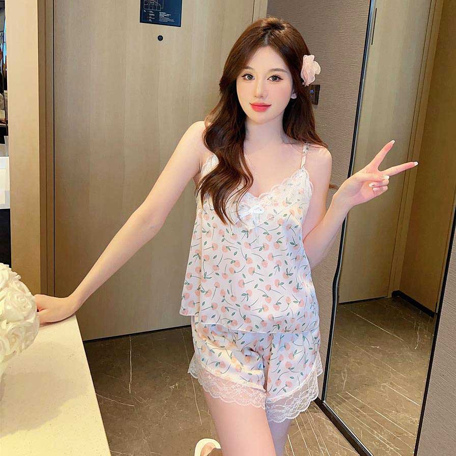 多色印花背心吊带短款两件套性感夏季冰丝睡衣女士蕾丝打底学生韩