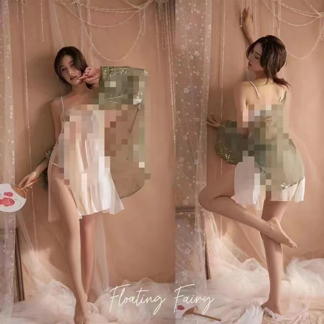 Chinese Republic-Era Hanfu Style Roleplay Lingerie Set with Embroidered Mesh Cape, Bandeau Top and Thong — detail image 3