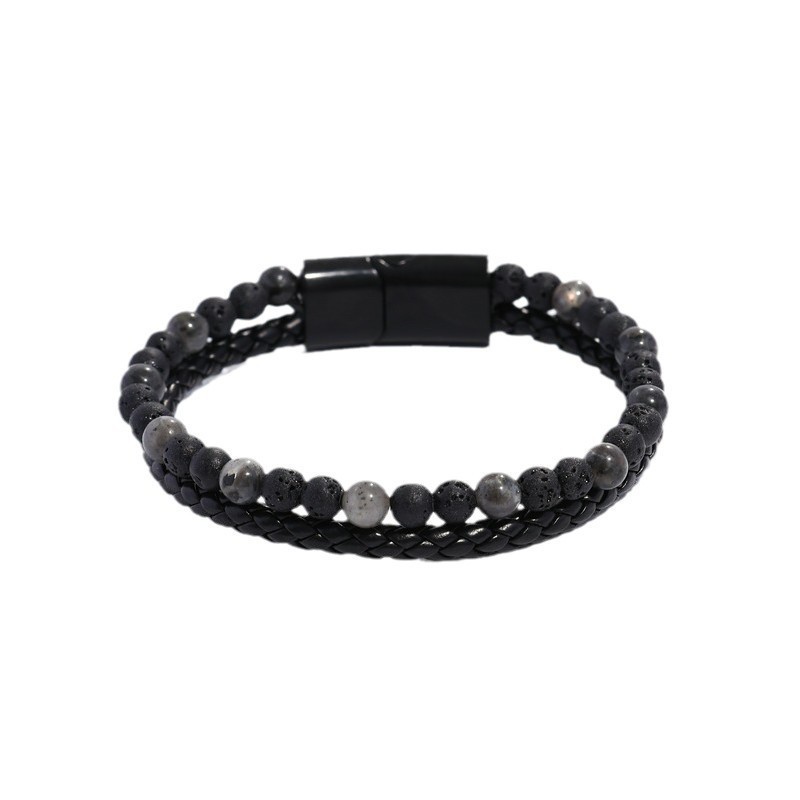 Longhe nuevos hombres europeos y americanos de aleación de cuero cuerda pulsera de piedra natural doble piedra de ojo de tigre piedra volcánica pulsera de cuentas