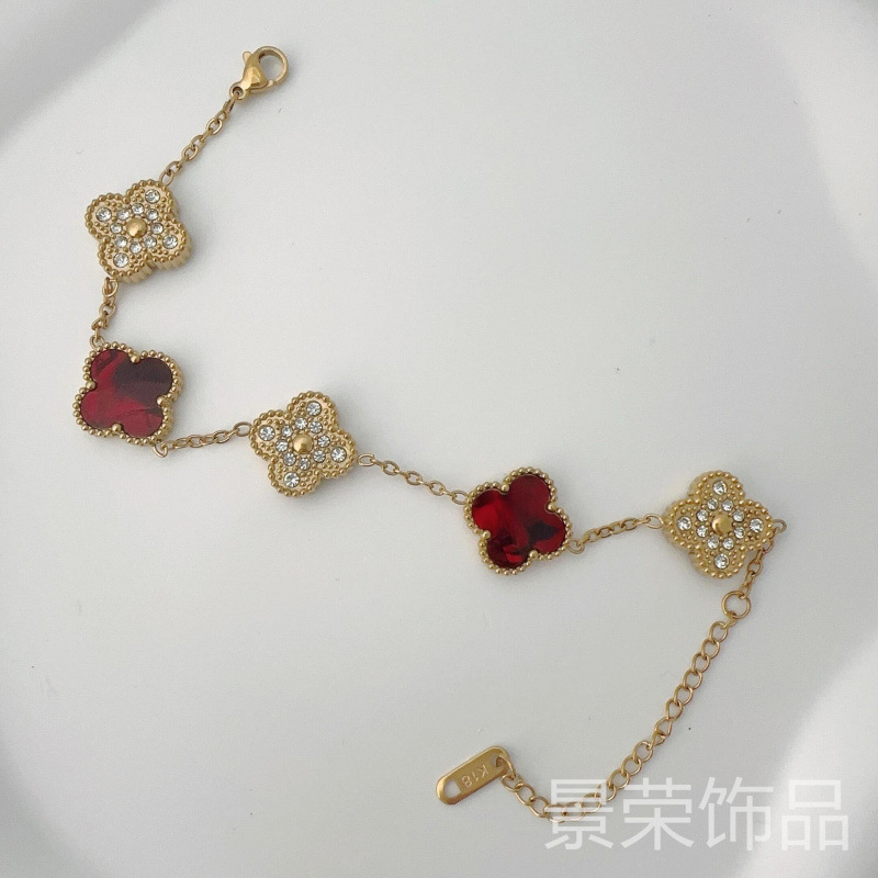 High-End Version 15 Large Double-Sided Side Groove Clover Sparkling Diamond Titanium Steel Bracelet with Light Luxury Design, 18K Non-Fading Shell