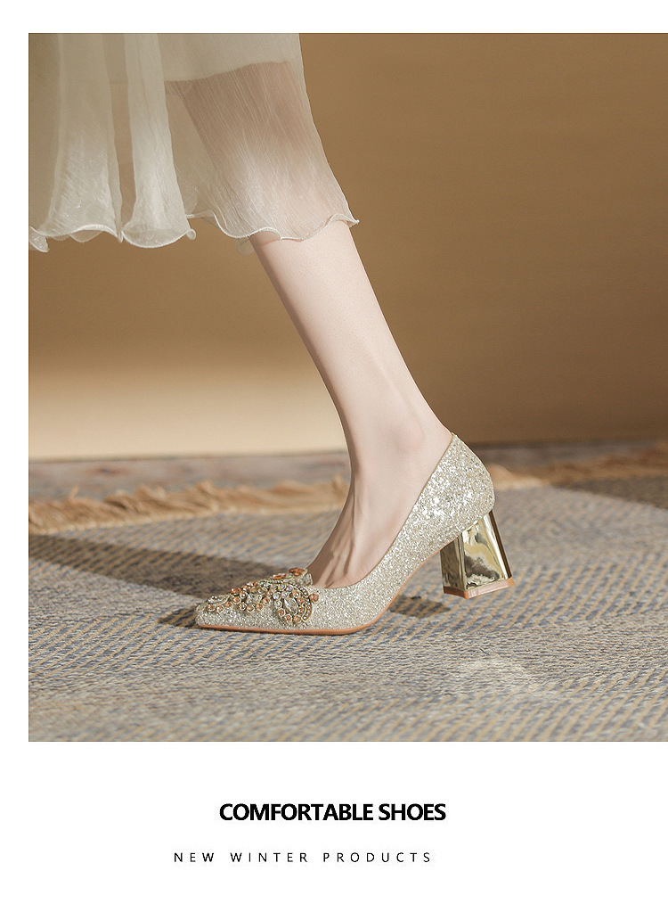Giày cưới nữ mũi nhọn đính sequin gót dày Jin Gang CH60-50 — Màu sâm panh chi tiết 10
