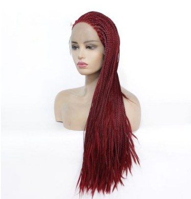 Peluca de encaje frontal de fibra química, trenza de tres hebras de color burdeos para damas europeas y americanas