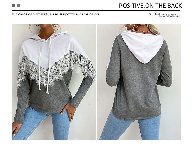 Contrast Color Lace Panel Long-sleeved Sweatshirt Hooded Pullover_voghion.com