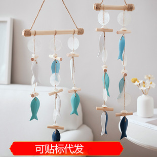 Mediterranean style wall decoration fish string shell pendant solid wood hemp rope wind chimes creative Nordic Wall home