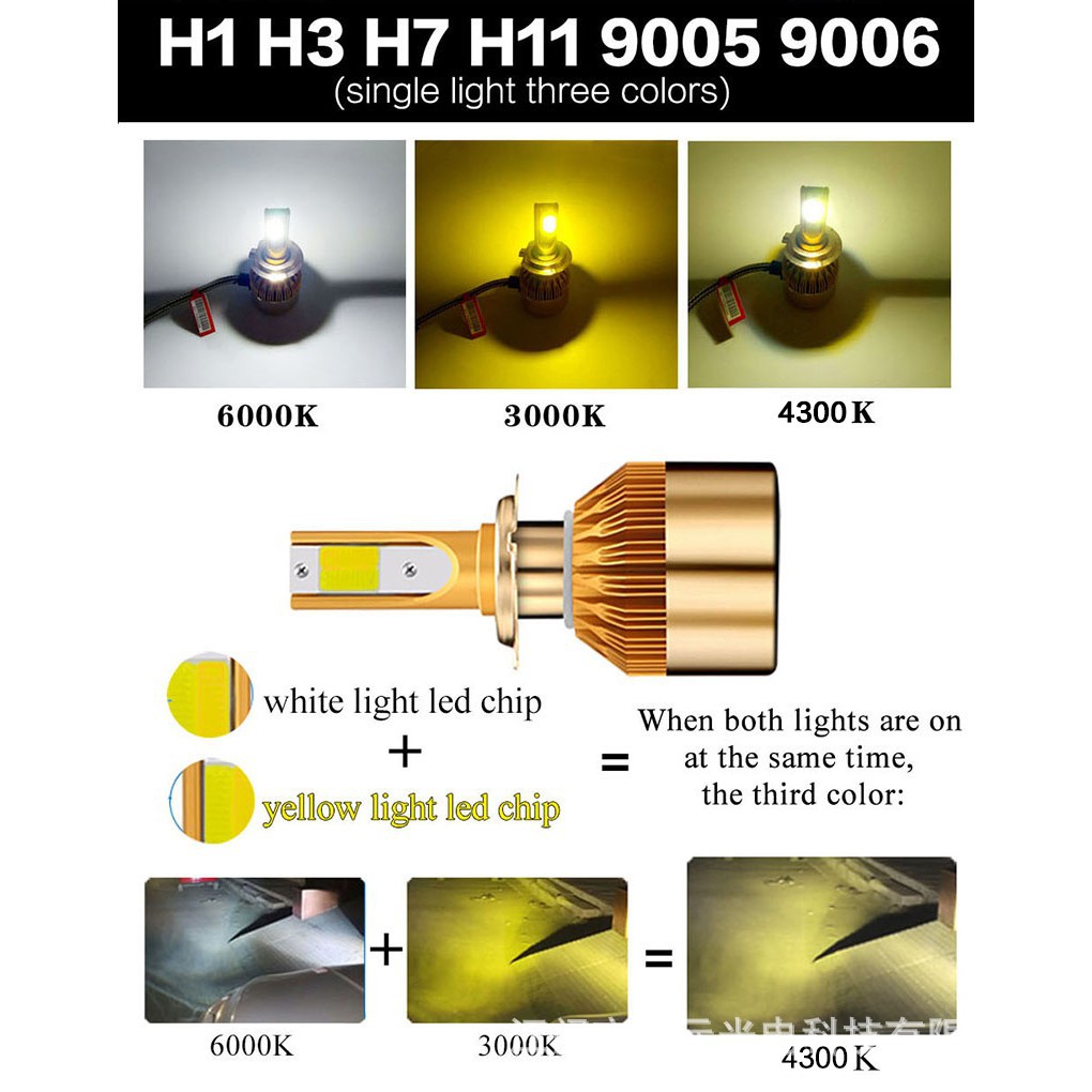 Faros LED de coche de tres colores C6 H1 H4 H7 9005 HB3 HB4 H8 H11 luces delanteras integradas lejanas y cercanas