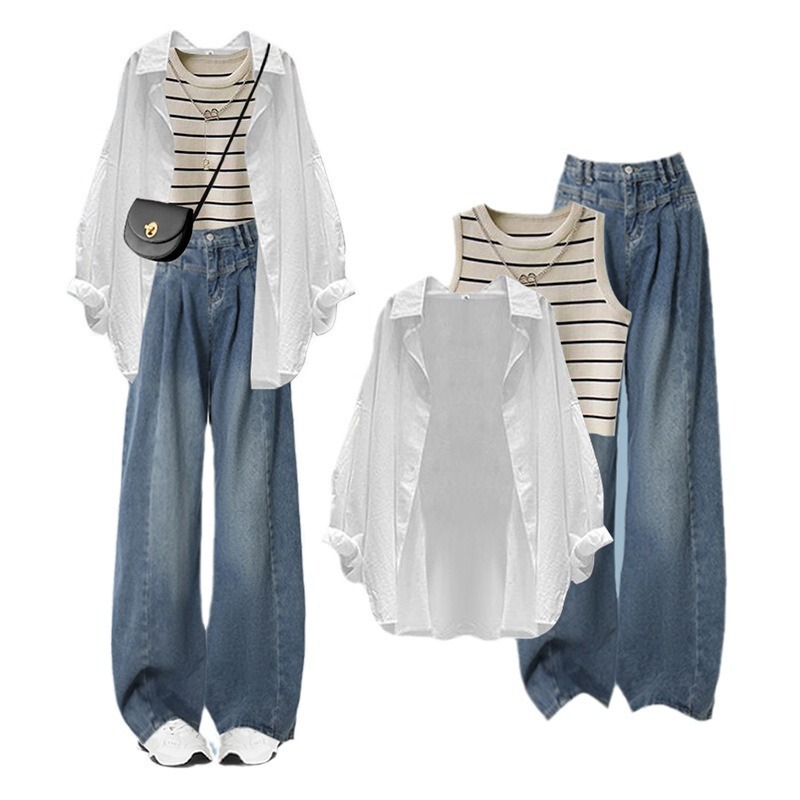 Plus-Size Summer Outfit Set for Chubby Women, Including a Youthful Camisole, Sun-Protective Shirt, and Denim Wide-Leg Pants, Three-Piece Set Plus-Size Summer Outfit Set for Chubby Women, Including a Youthful Camisole, Sun-Protective Shirt, and Denim Wide-Leg Pants, Three-Piece Set