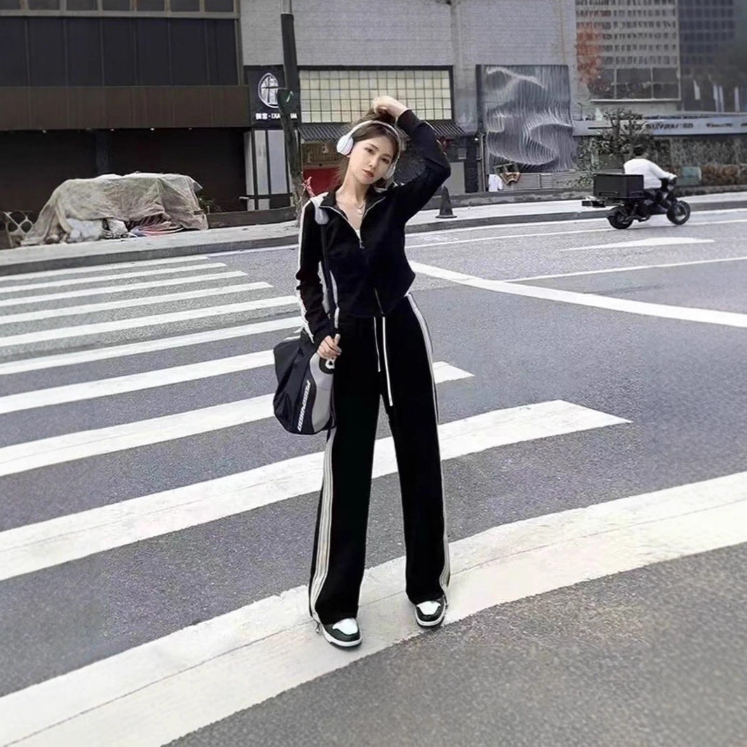秋冬季跨境时尚运动服休闲套装女拉链外套拼色上衣阔腿裤两件套潮