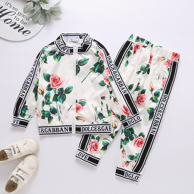 2021年春季休閑女童韓版童裝 兒童花朵長袖拉鏈衫+休閑長褲套裝