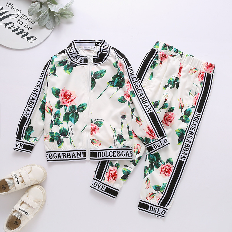 2021年春季休閑女童韓版童裝 兒童花朵長袖拉鏈衫+休閑長褲套裝