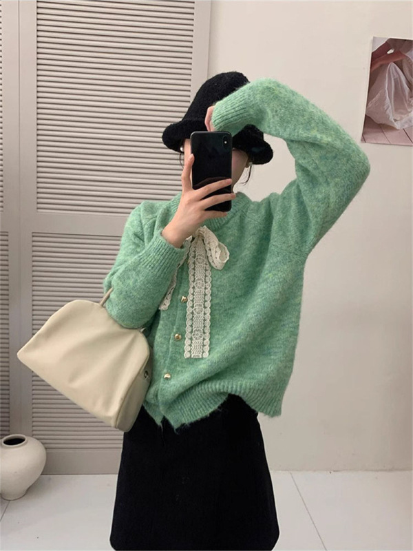 设计感蕾丝系带圆领毛衣外套女秋冬新款韩系宽松减龄针织开衫上衣|undefined