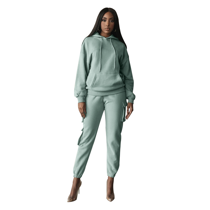 2021 cross-border European and American autumn and winter urban casual solid color hooded pocket trousers women's drawstring long-sleeved sweater suit