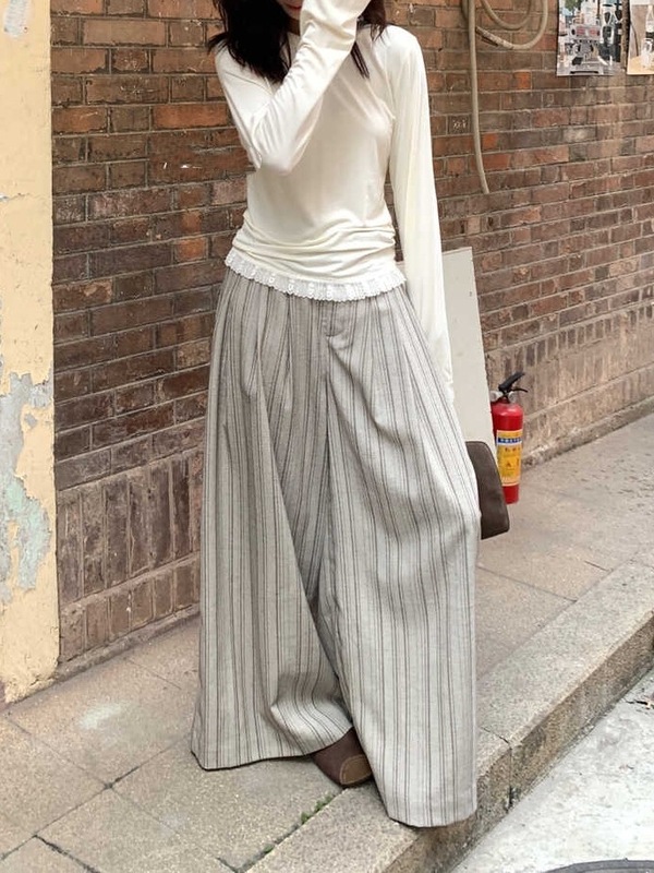 条纹西装阔腿裤女2025秋季新款高腰百搭日常通勤垂感休闲裤长裤|undefined