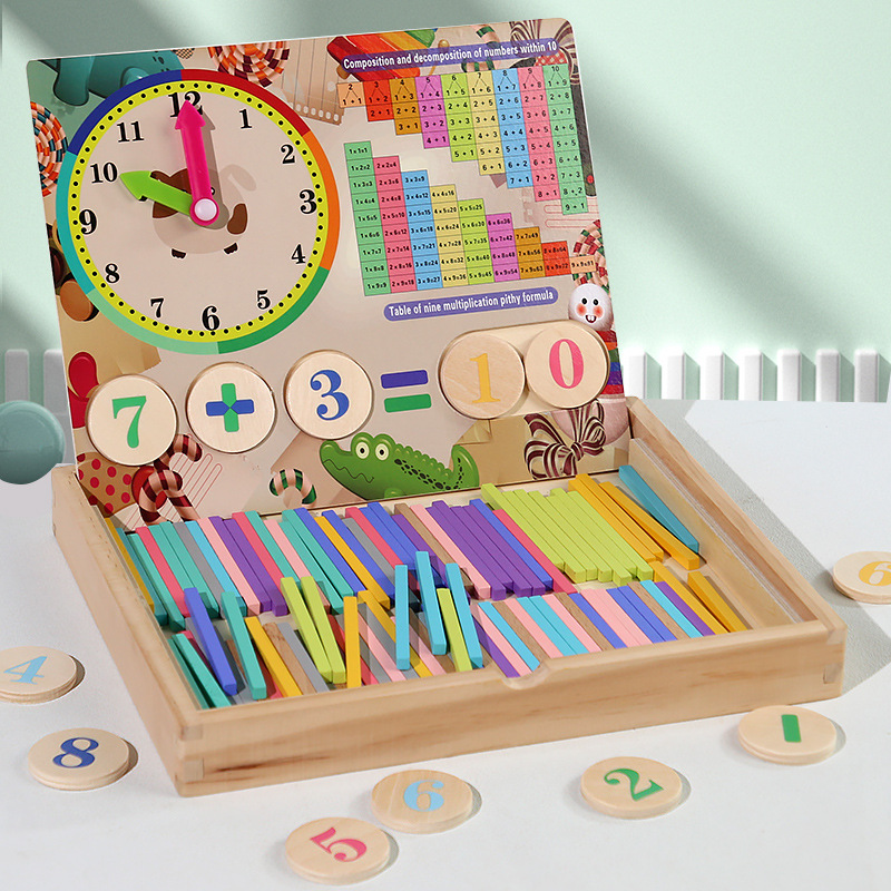 Caja de aritmética multifuncional de madera para niños diversión educativa apilada reloj alto aritmética matemática material didáctico cognitivo digital