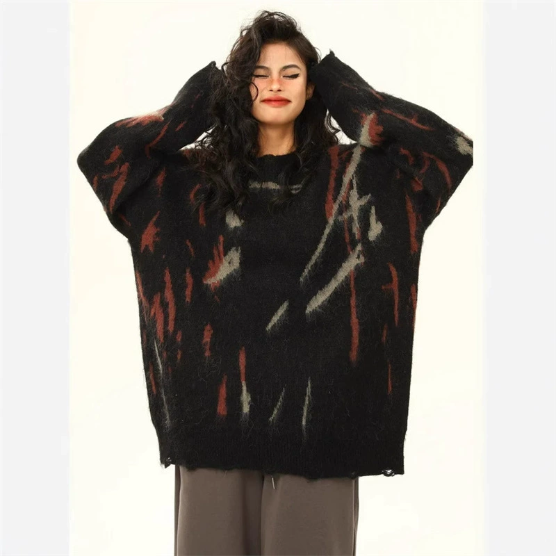 Американский высокий уличный хип-хоп граффити свитер с круглым вырезом для мужчин и женщин ленивый стиль нейтральный свободный свитер